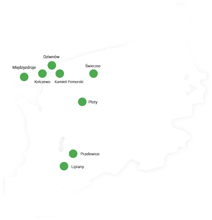 Mapa zachodniopomorskiego z zaznaczonymi miejscami bankomatów